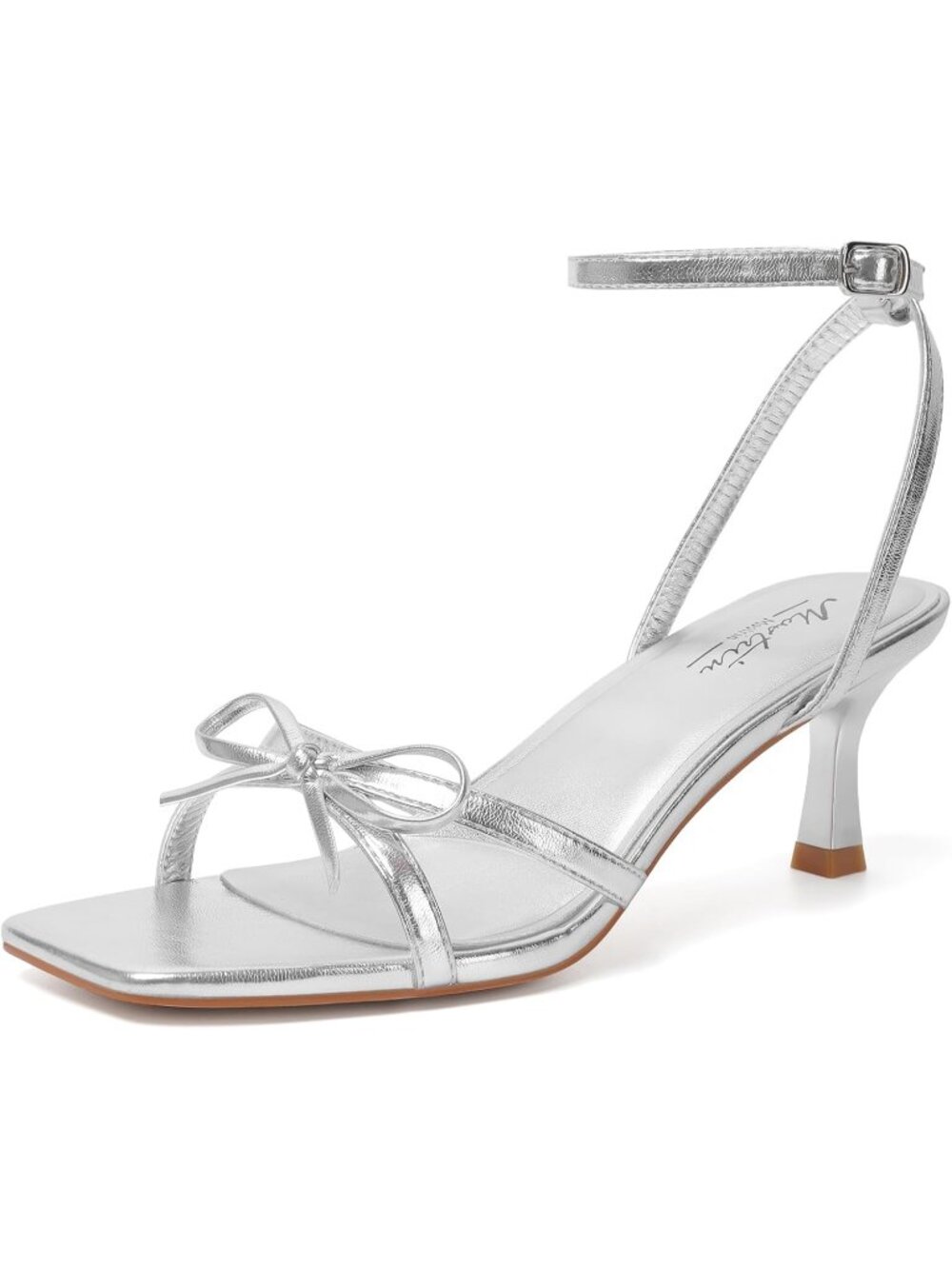 Women's Silver Bow Sandals Strappy Heel Ankle Strap Lace Up Square Open Toe Heel